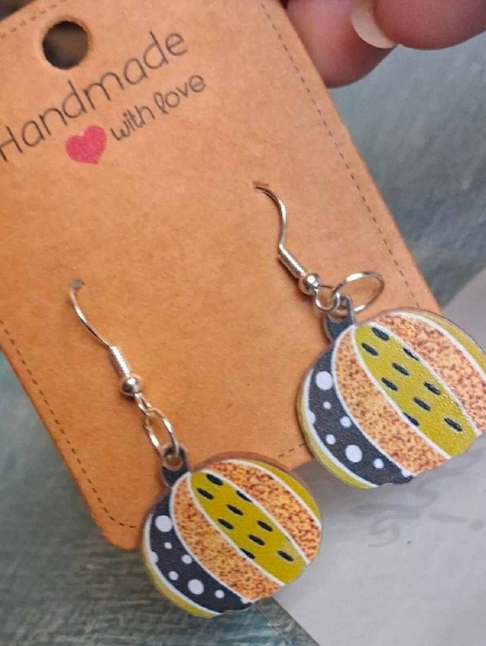 $8 Each Or Bundle 5/$20 Handmade Yellow & Black Patterned Pumpkin Dangle Earring